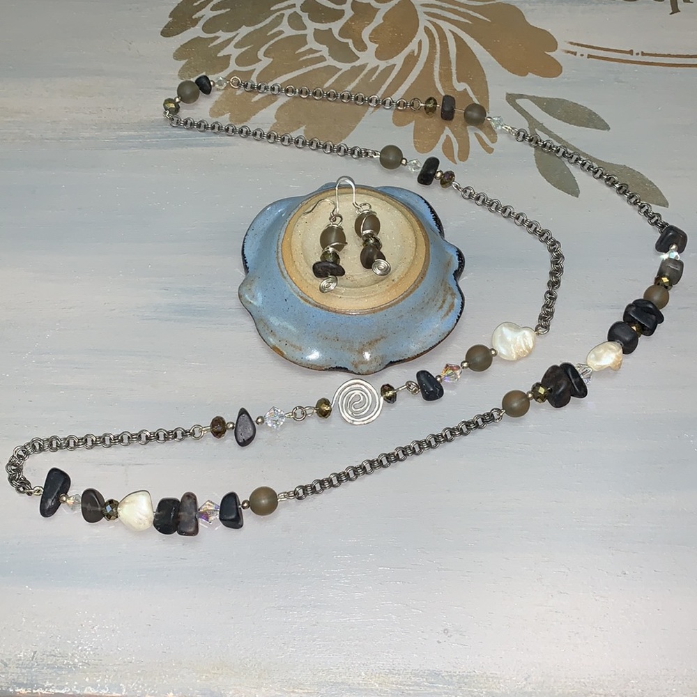 💕Handmade sterling smoky topaz color earrings and necklace set